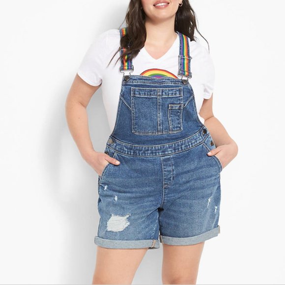 LANE BRYANT STRETCHY DENIM BOYFRIEND SHORT OVERALL ROMPER - Picture 1 of 4